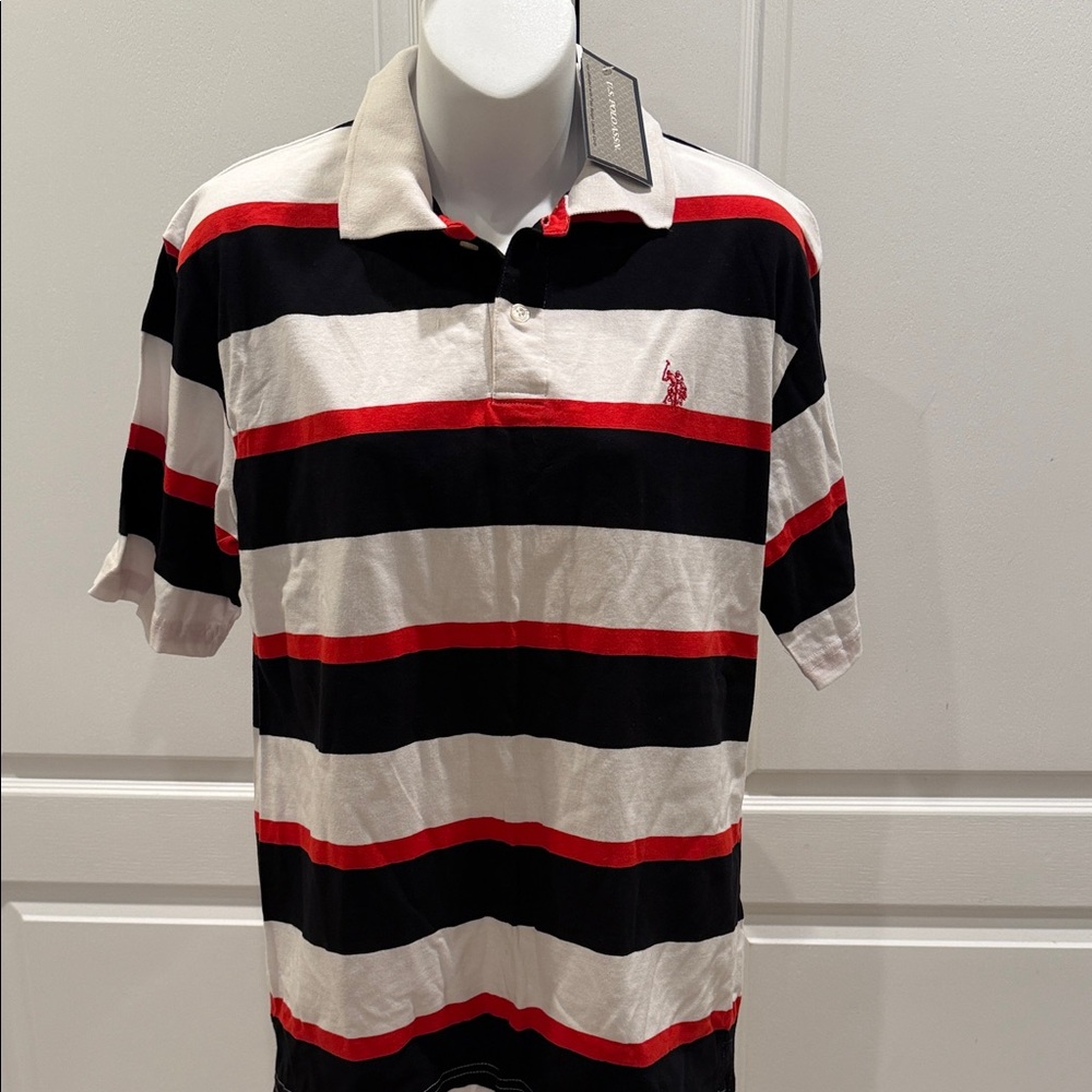 US Polo Association Men's Striped Polo Shirt - Black, Red, and White